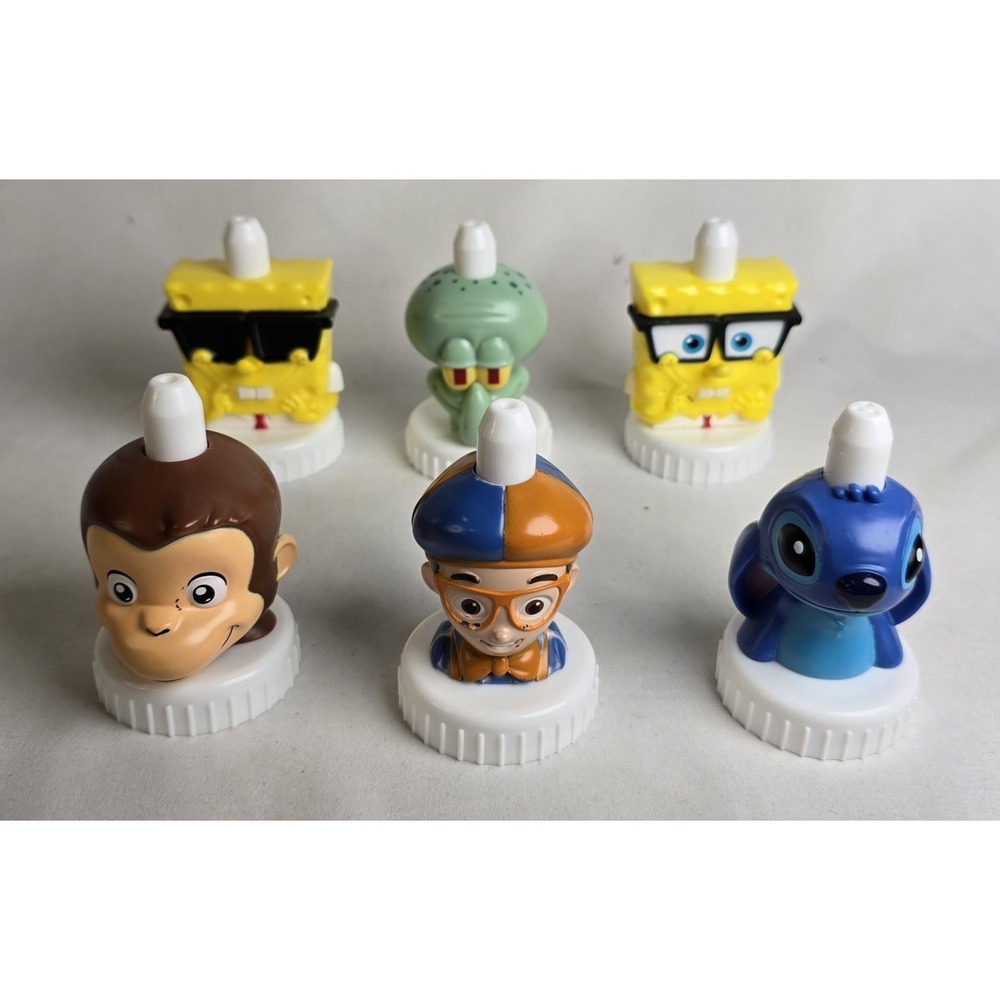 Good 2 Grow Juice Toppers Lot Of 6 Sponge Bob Stitch Curious George Blippi